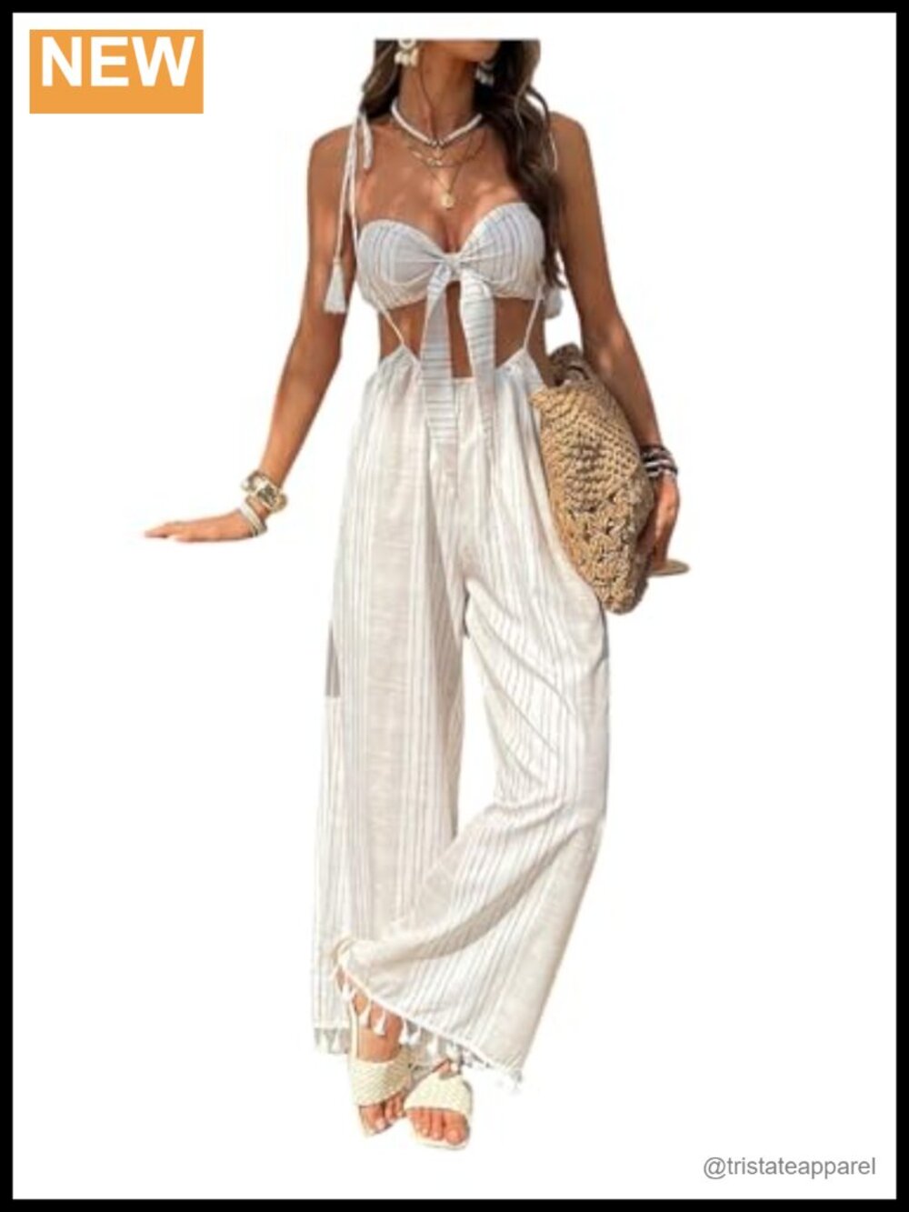 Women's 2 Piece Striped Tie Front Strapless Crop Tube Top and Suspender Pants
